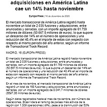 El mercado de fusiones y adquisiciones en Amrica Latina cae un 14% hasta noviembre